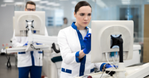 pathology lab where a pathologist is using software for sample documentation
